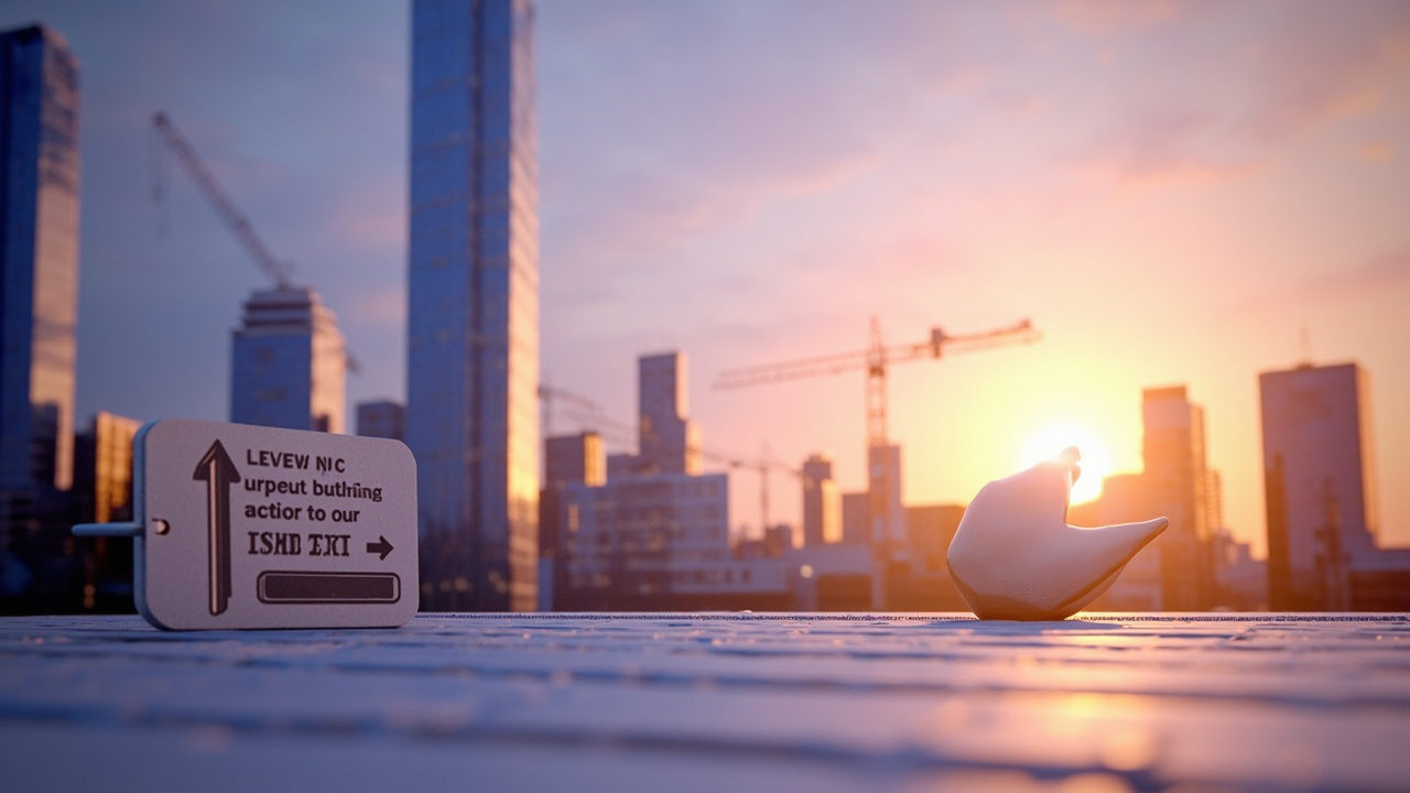 Warsaw skyline with modern glass towers and construction cranes under evening sky, baggage tag in foreground