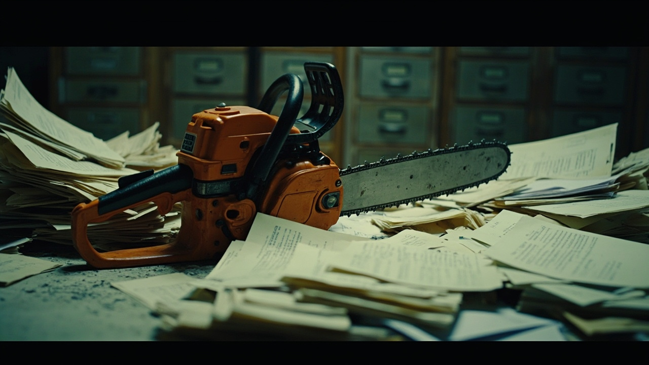 Orange chainsaw resting diagonally on pile of scattered papers and forms on office desk with filing cabinets behind