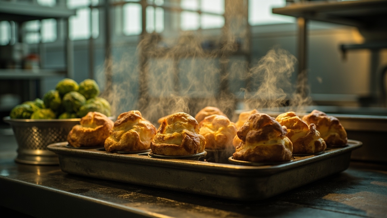 Golden Yorkshire puddings on metal tray with Brussels sprouts in charity kitchen, steam rising from cooking pots