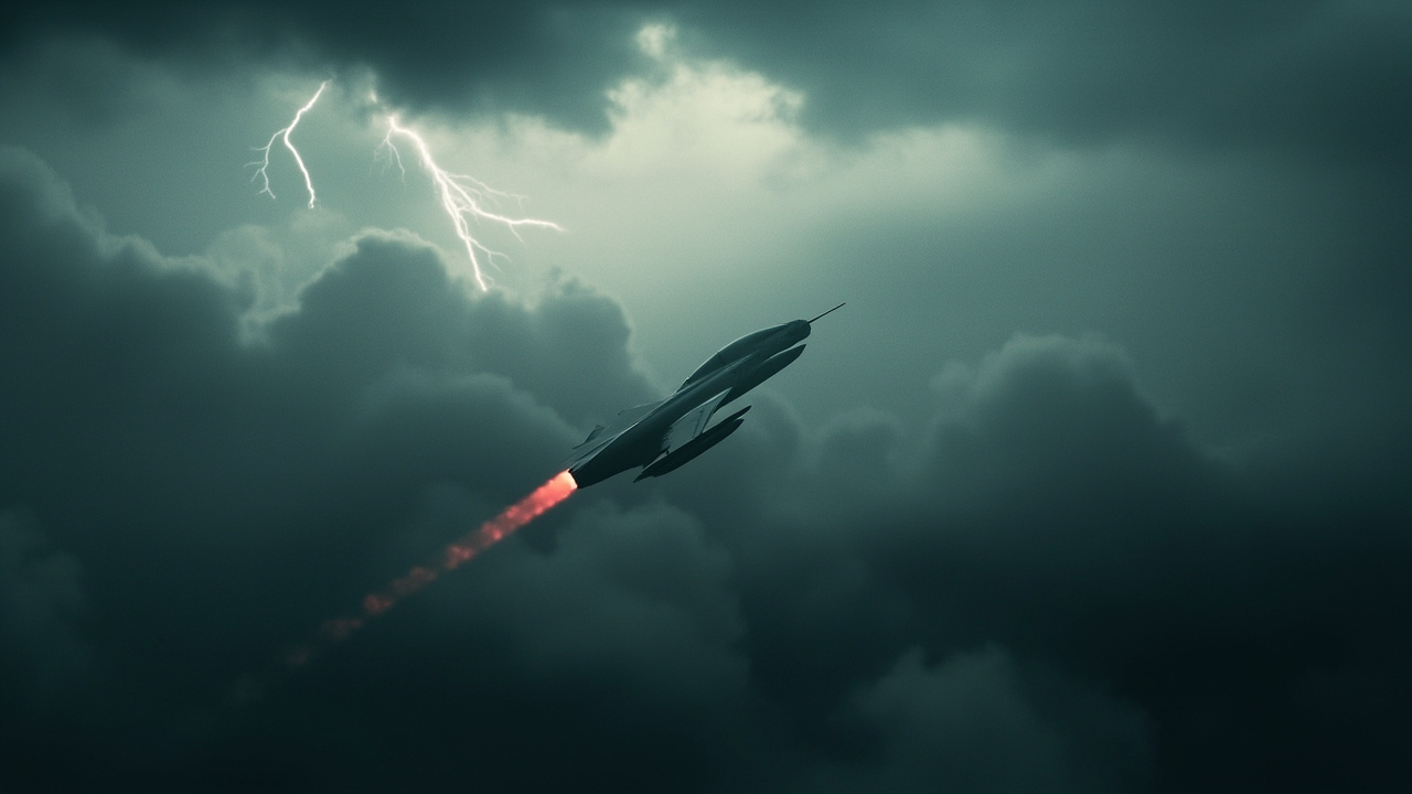 Fighter jet silhouette against stormy gray clouds over distant horizon, representing military tension and airspace challenges