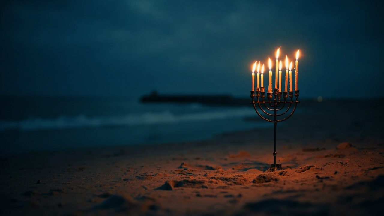 Lone menorah standing in sand on empty beach at dusk with ocean in background