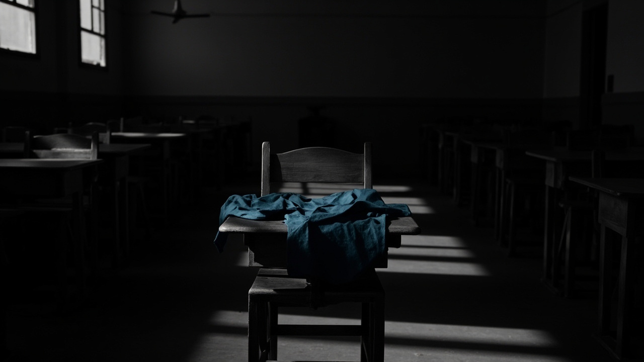 Empty wooden school chair with blue fabric draped over seat in vacant classroom with institutional gray walls
