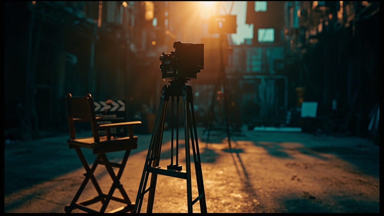 Vintage film camera on tripod next to director's chair and clapperboard in empty studio
