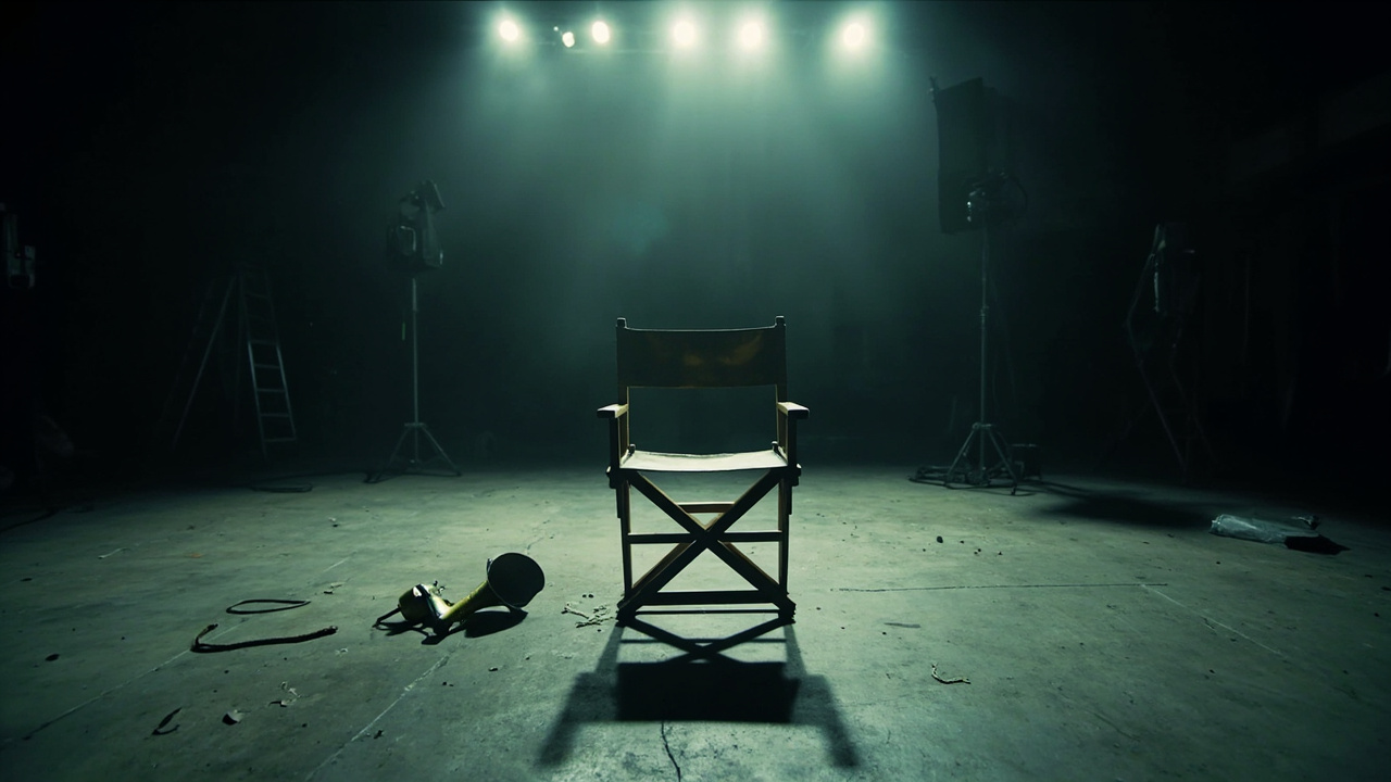 Empty director's chair on dark soundstage with scattered film equipment and dramatic shadows