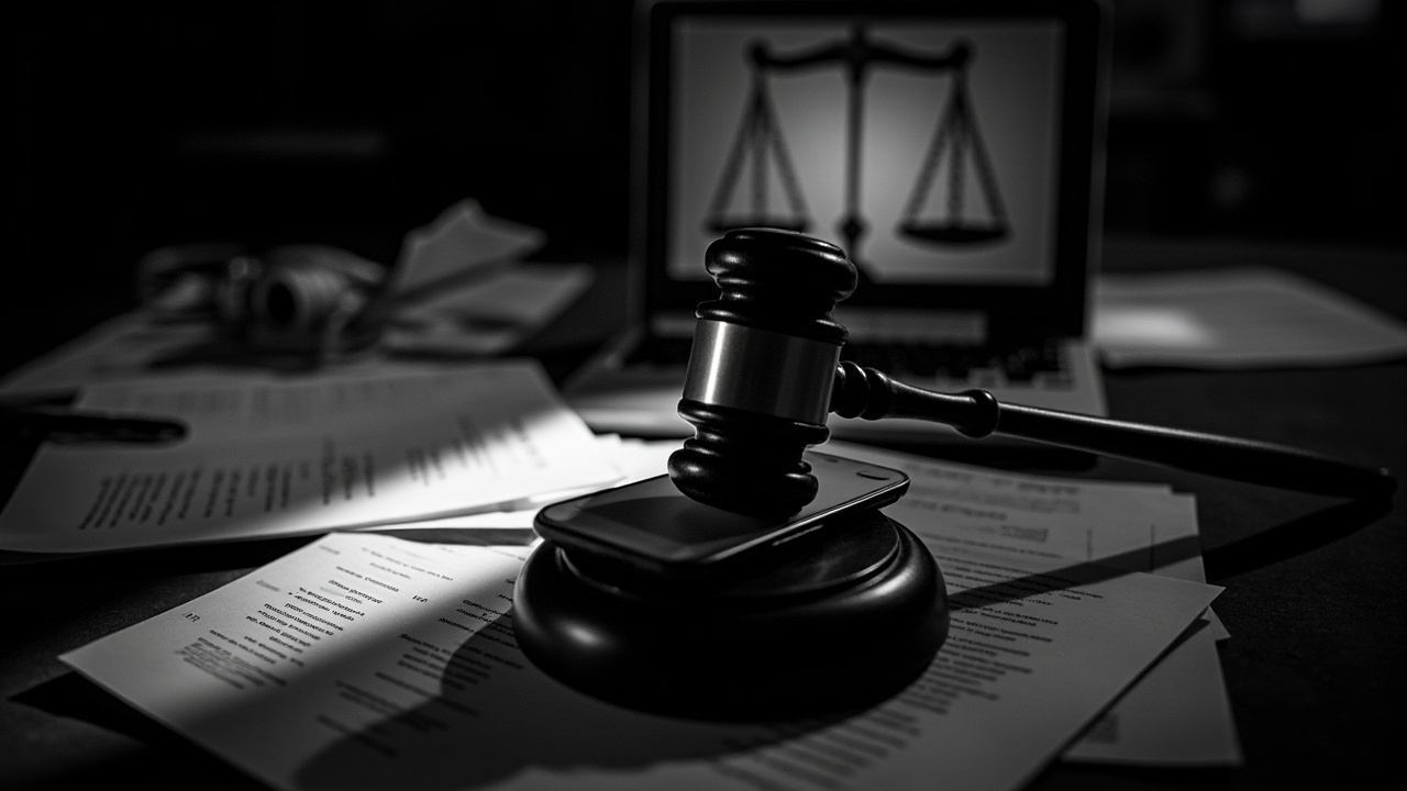 Locked smartphone on courtroom desk beside gavel and legal documents under dramatic spotlight