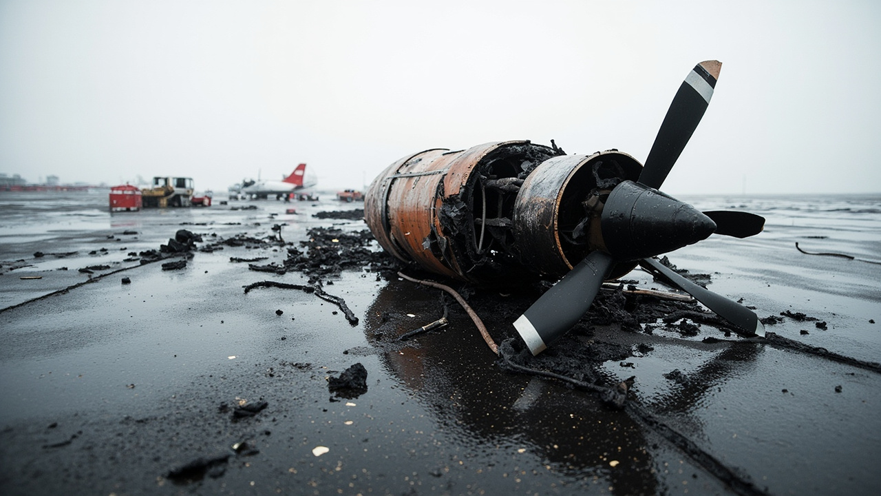 Crashed aircraft wreckage scattered on rain-soaked airport runway with emergency equipment under overcast sky