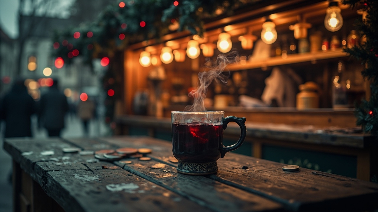 Steaming ceramic mug of dark red mulled wine on wooden Christmas market counter with scattered coins and garland overhead