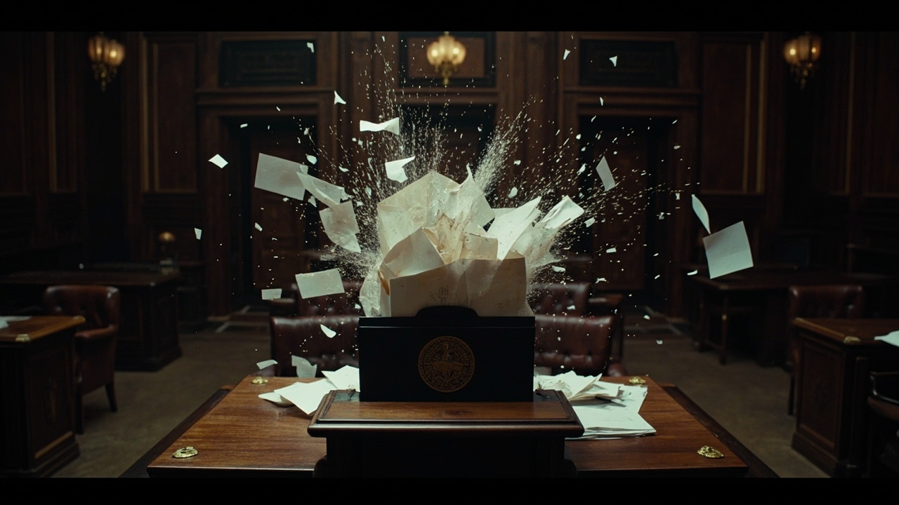 Official document folder on wooden podium with scattered papers, dark institutional setting with empty leather chairs