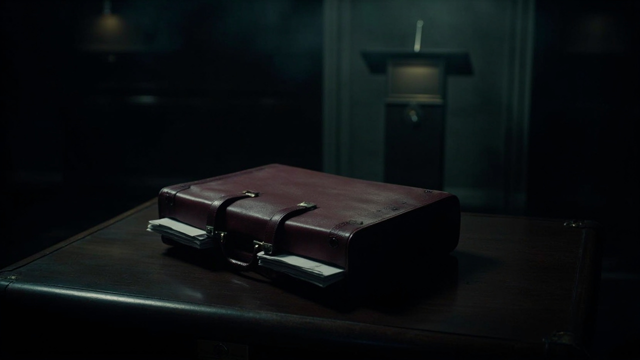 Red leather budget briefcase sits closed on dark wooden desk surface with dim overhead lighting
