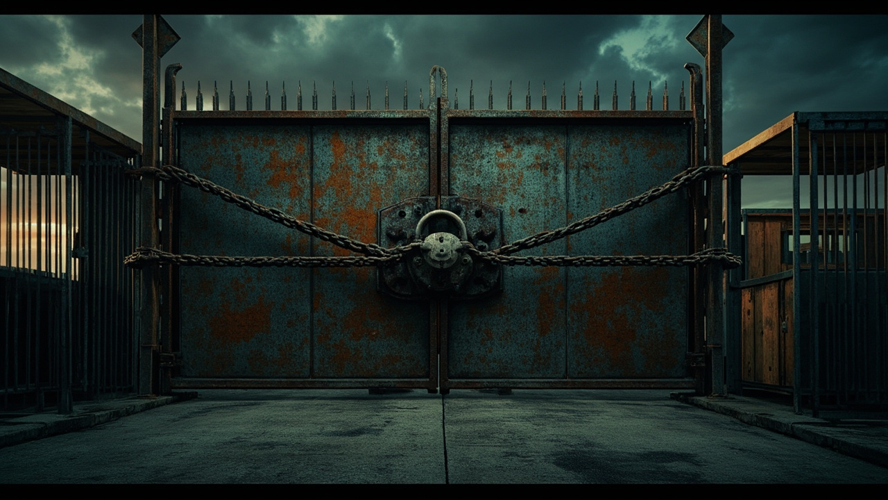 Heavy steel gate with chain and padlock at empty border checkpoint under overcast sky