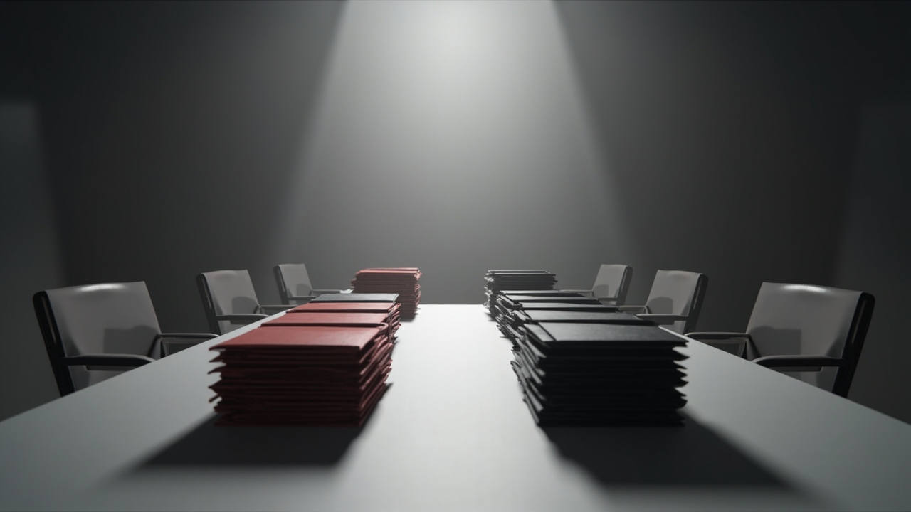 Empty conference table with opposing stacks of red and black legislative folders under stark lighting