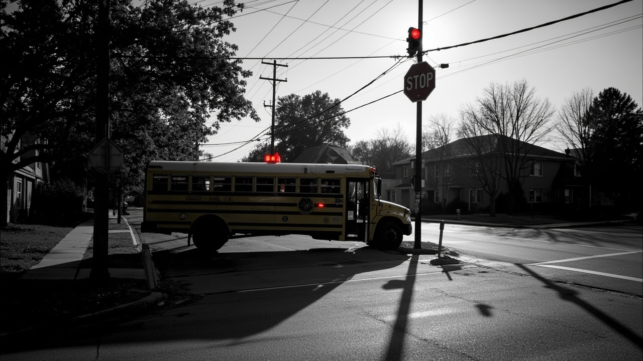 School bus with flashing red lights and extended stop sign at suburban street intersection in afternoon light