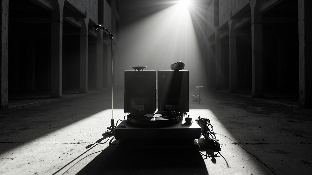 Vintage turntable and military-grade speakers in an empty concrete hall with harsh overhead lighting