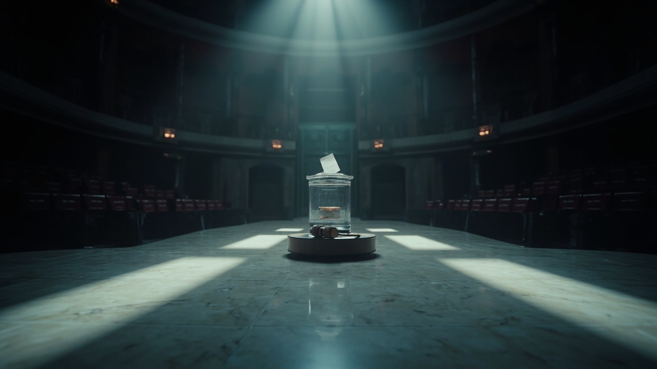 Wooden gavel on polished table in empty conference hall with rows of chairs