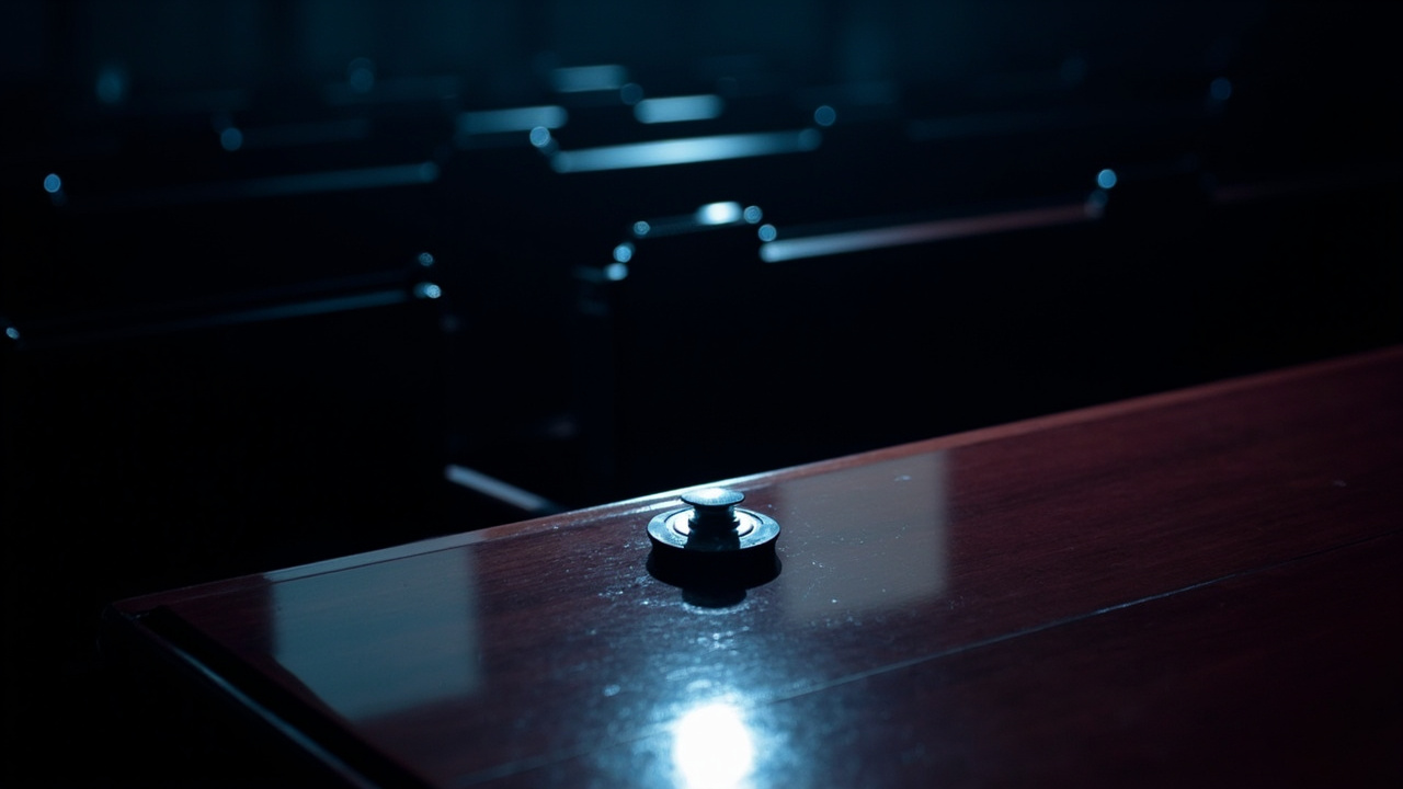 Illuminated voting button on empty parliamentary desk in darkened legislative chamber with rows of vacant seats