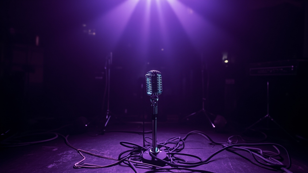 Vintage microphone on stand illuminated by purple stage spotlight against dark concert venue background