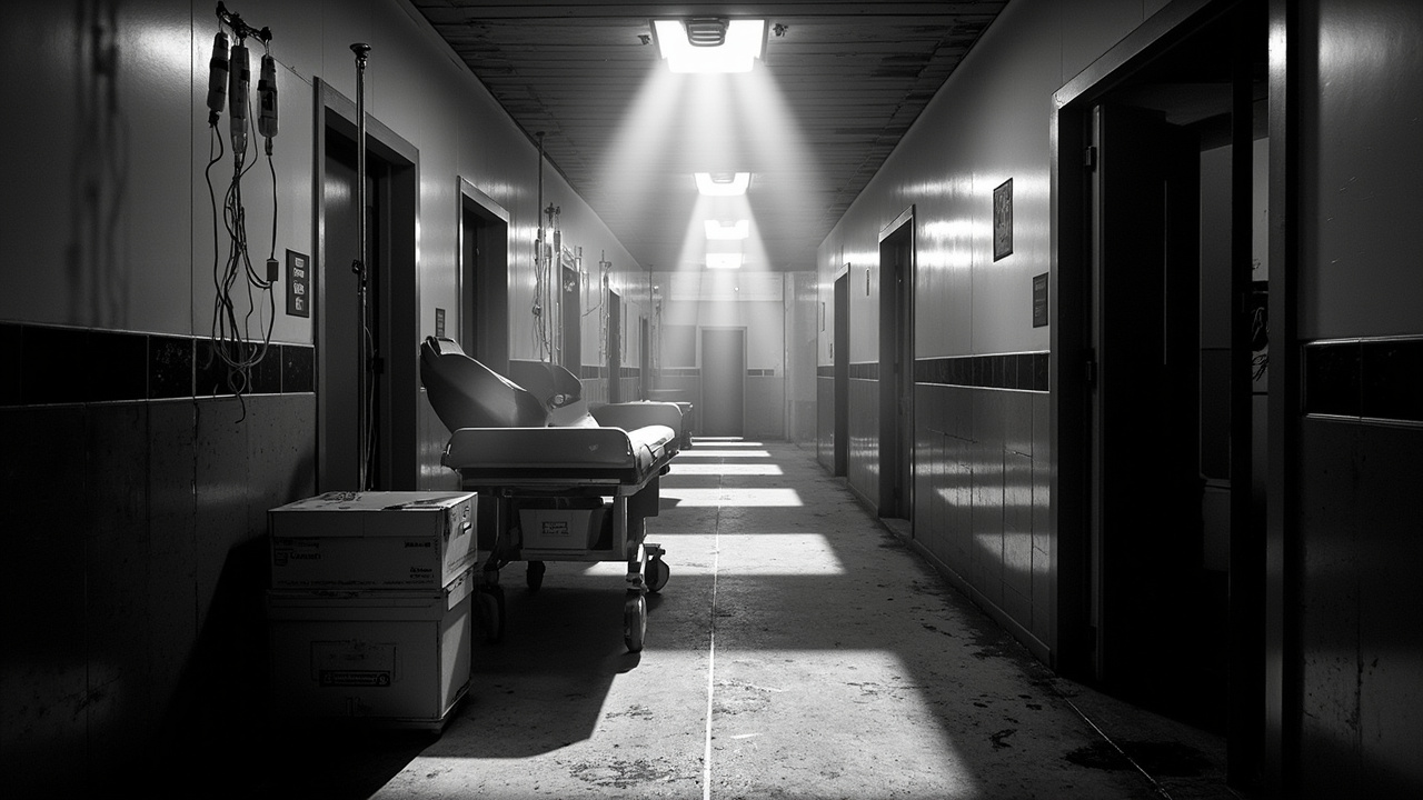 Empty hospital corridor with medical gurney and IV equipment under fluorescent lights