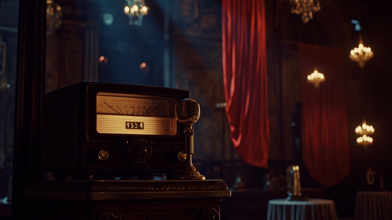 Vintage radio dial set to 95.4 FM with ornate banquet table setting in soft warm light