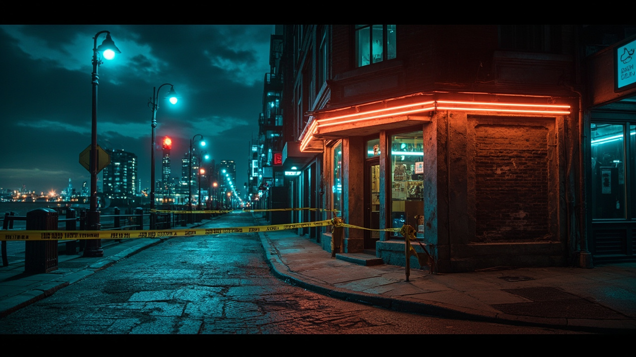 Empty cordoned waterfront street with evidence markers outside closed bar in harbor district at night