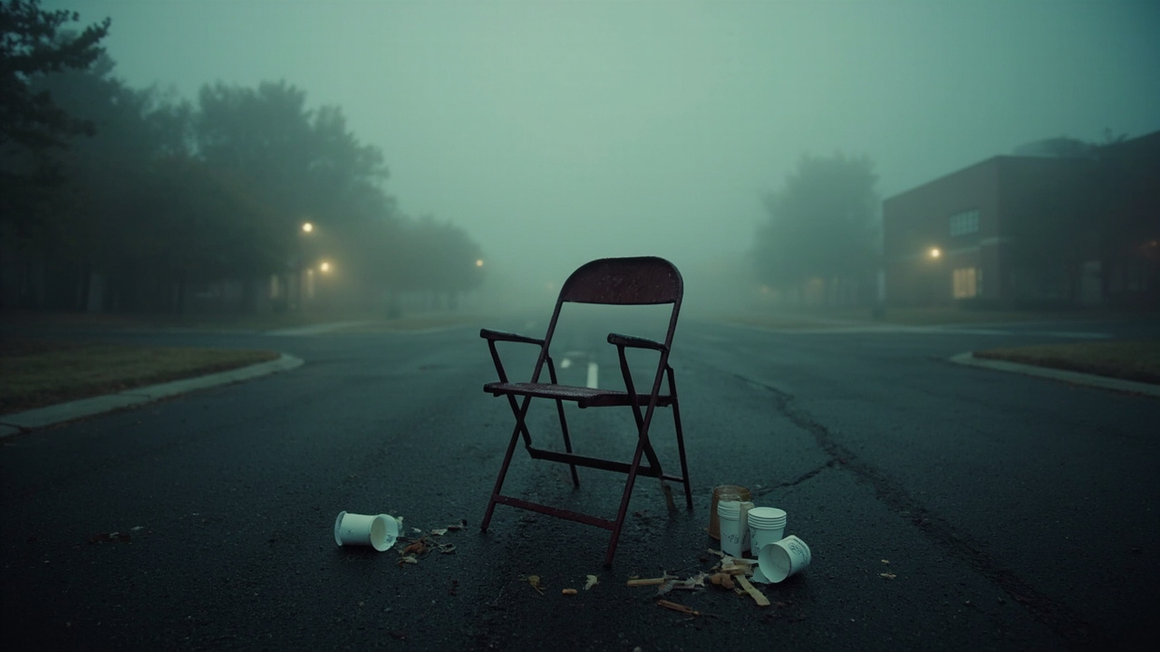 Empty folding chair and scattered cups in deserted university parking lot at dawn
