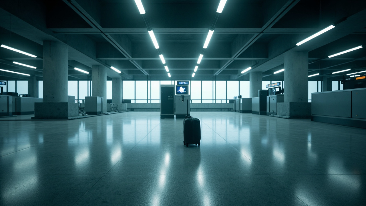 Lone suitcase stands in empty airport terminal under bright overhead lighting with departure gates in background