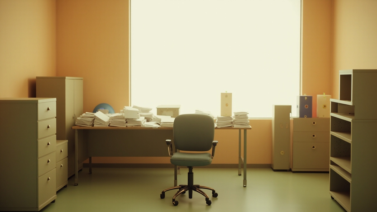 Empty office chair at desk covered with administrative papers in institutional setting