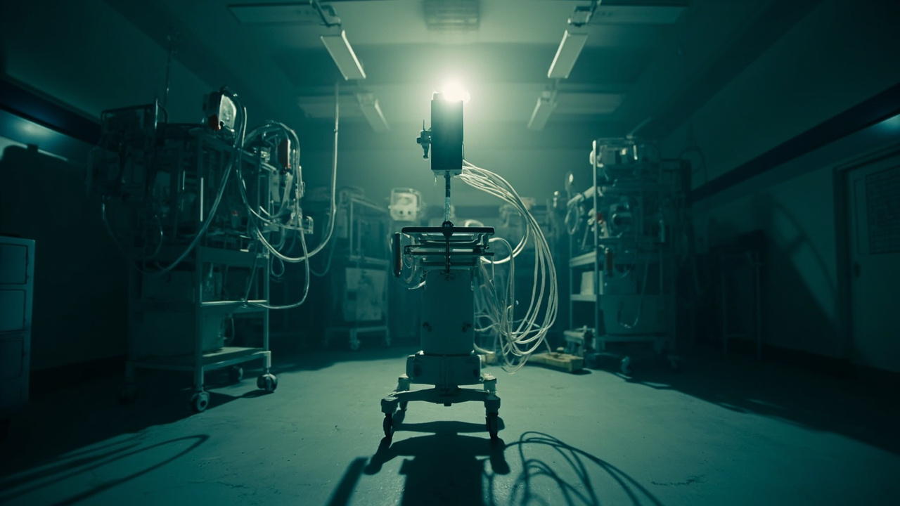 Empty NICU incubator surrounded by medical monitoring equipment and ventilator tubes in dim hospital lighting