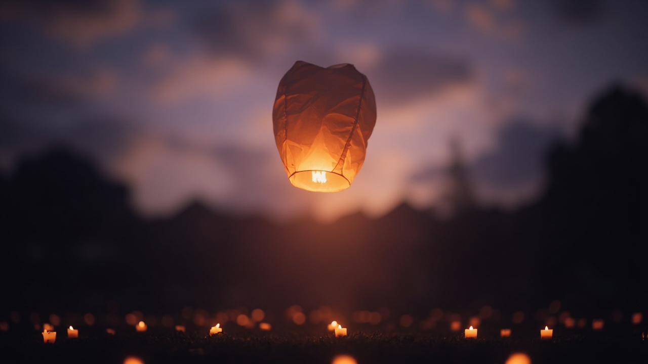 Single glowing paper lantern floating upward into purple twilight sky above candles