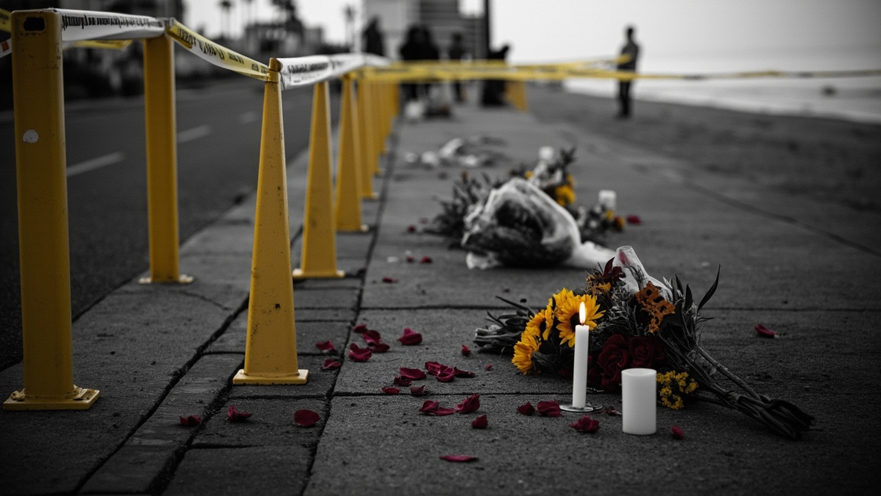 Flowers and candles on pavement near beach, yellow barrier tape visible, deserted promenade in background