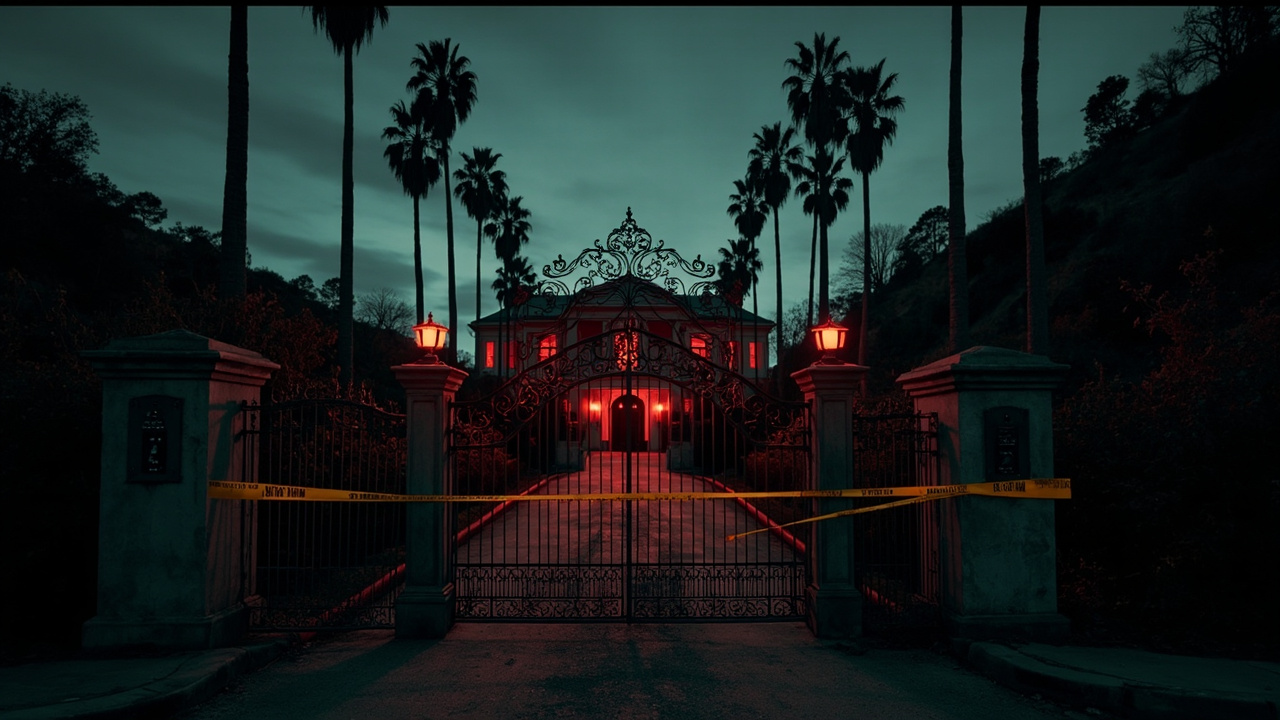 Closed iron gates of upscale Los Angeles mansion surrounded by palm trees under overcast sky