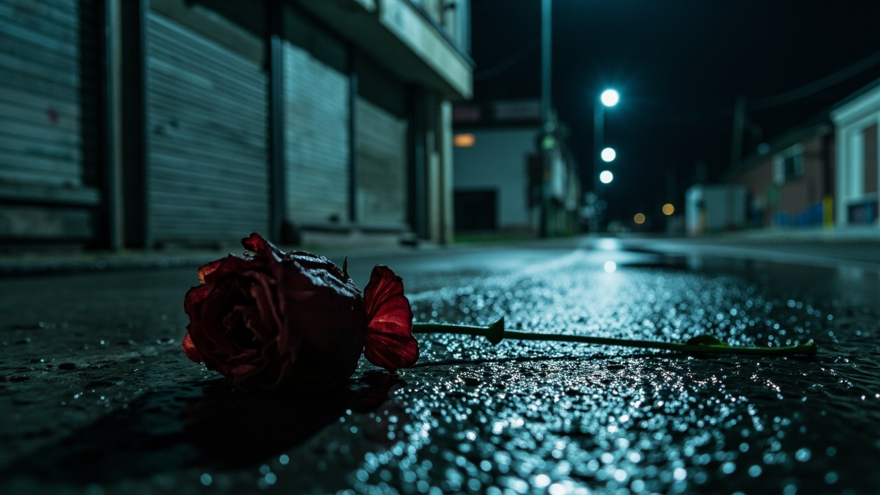 Single wilted red rose on wet asphalt under streetlight outside closed storefront