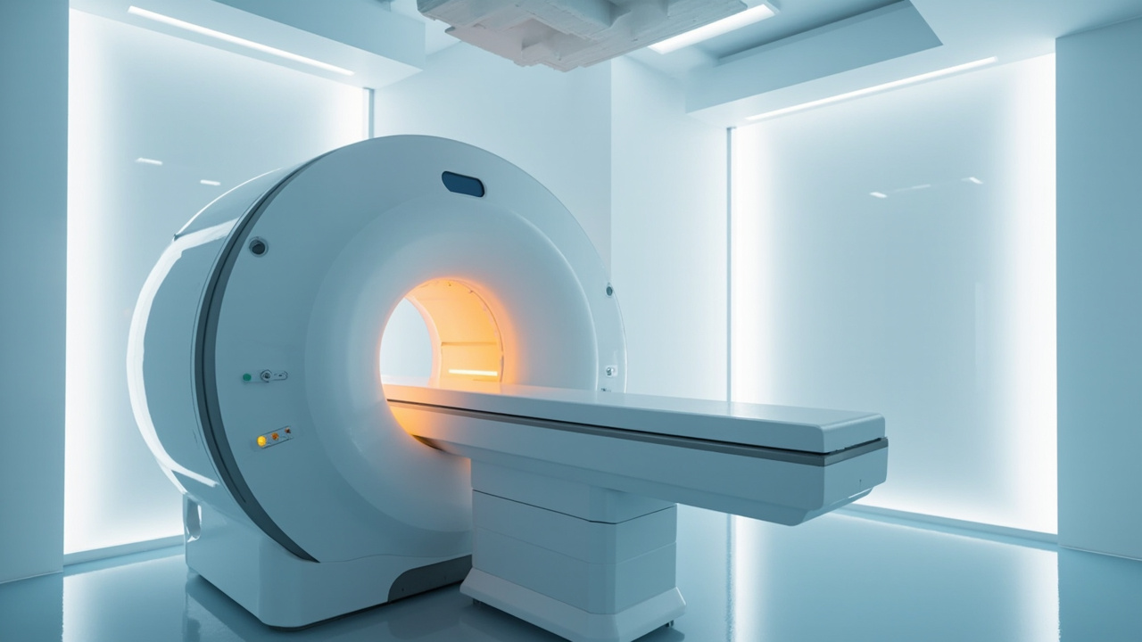 Empty MRI scanner machine in sterile medical room with illuminated tunnel opening and control equipment nearby