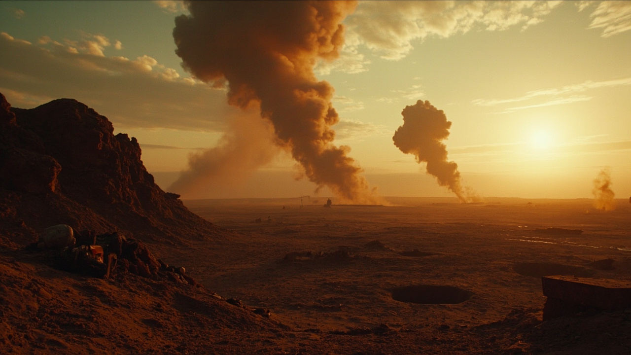 Military ordnance against desert smoke plumes, rocky Syrian terrain, dramatic dusk lighting with impact craters