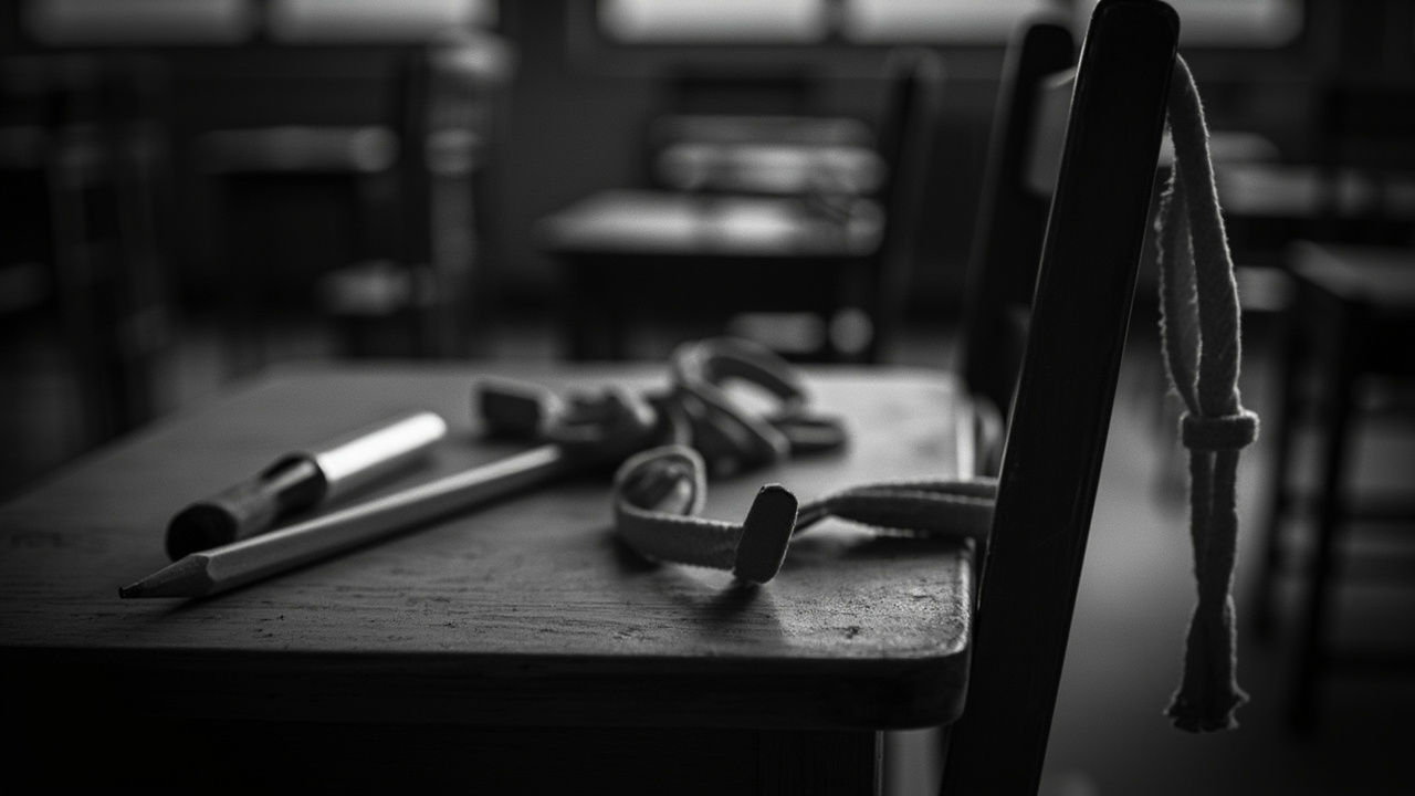 Wooden pencil and untied shoelaces on empty elementary school desk in sparse classroom with small furniture
