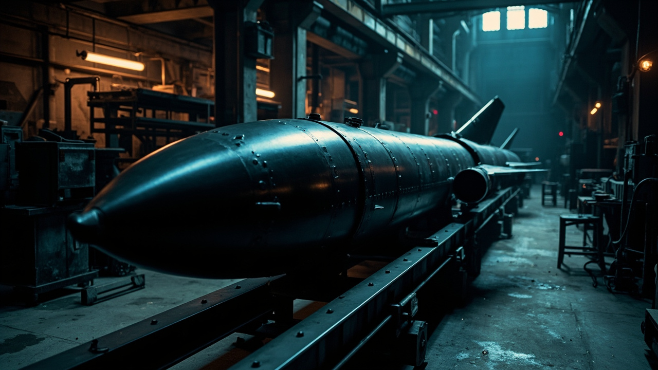 Black cruise missile with top-mounted jet engine on assembly line in industrial manufacturing facility