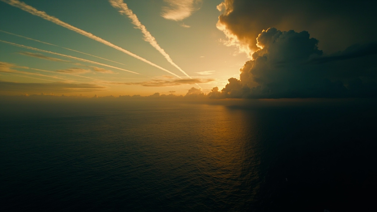 Aircraft contrail cutting through storm clouds above dark ocean waters at dusk