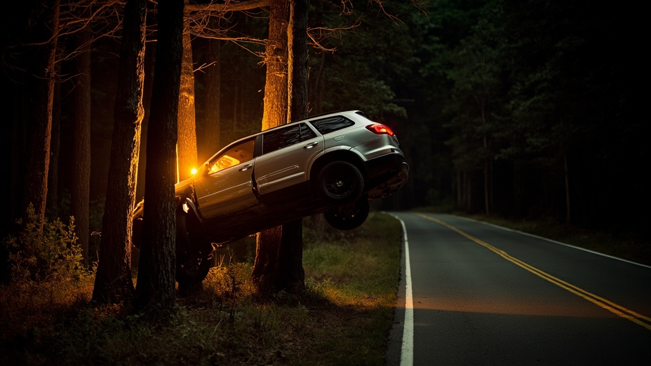 Wrecked luxury SUV stuck nose-first vertically between tree trunks at night roadside crash scene