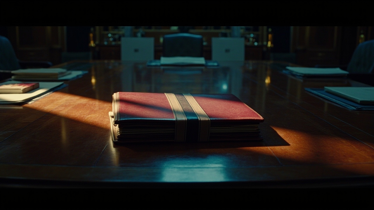 Closed leather treaty folder with ribbons on polished wooden desk, symbolizing postponed international agreement