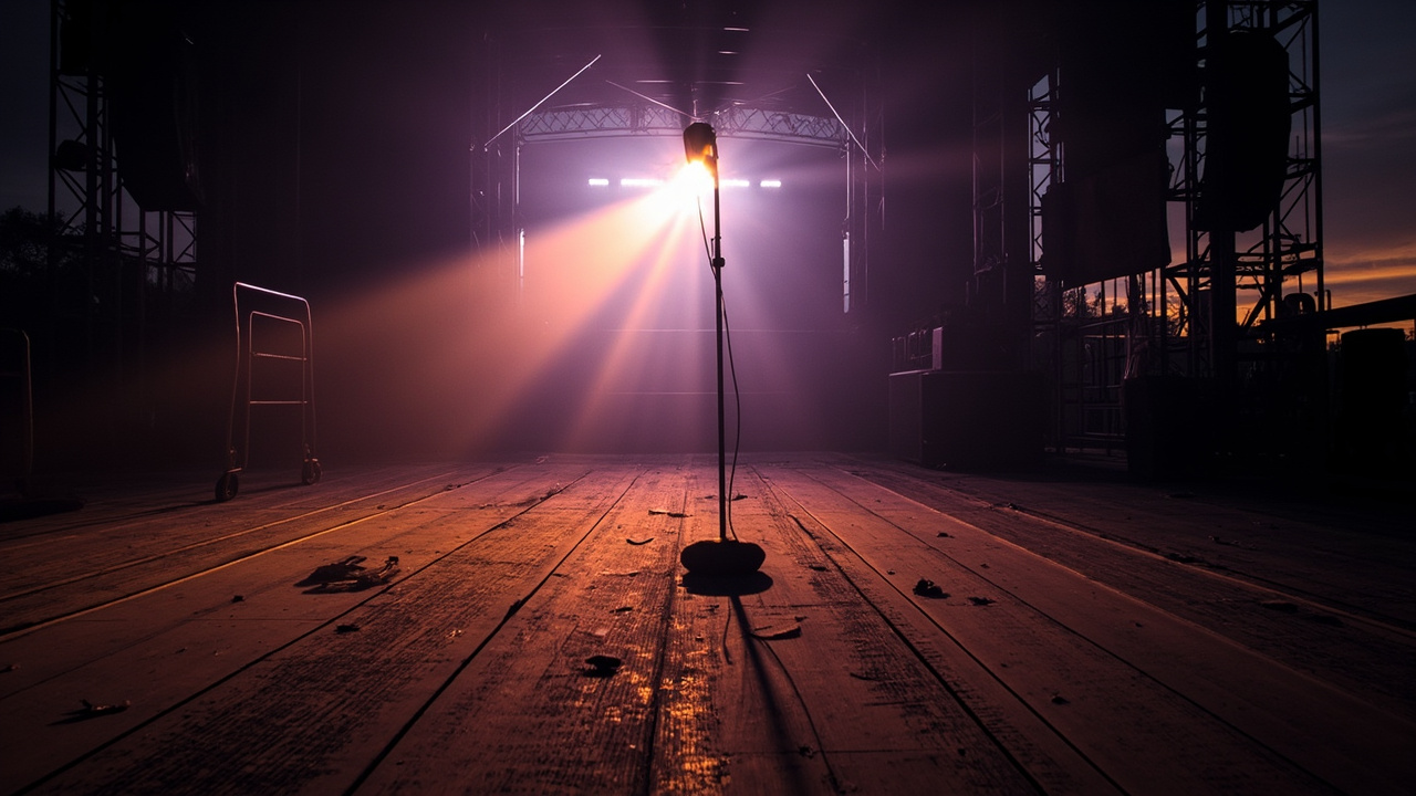 Empty music festival stage with microphone stand, audio cables, and faint smoke under purple stage lights at twilight