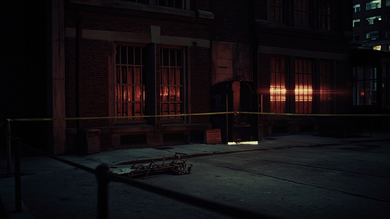 Empty stretcher on campus pavement near cordoned engineering building at dusk with emergency vehicle lights
