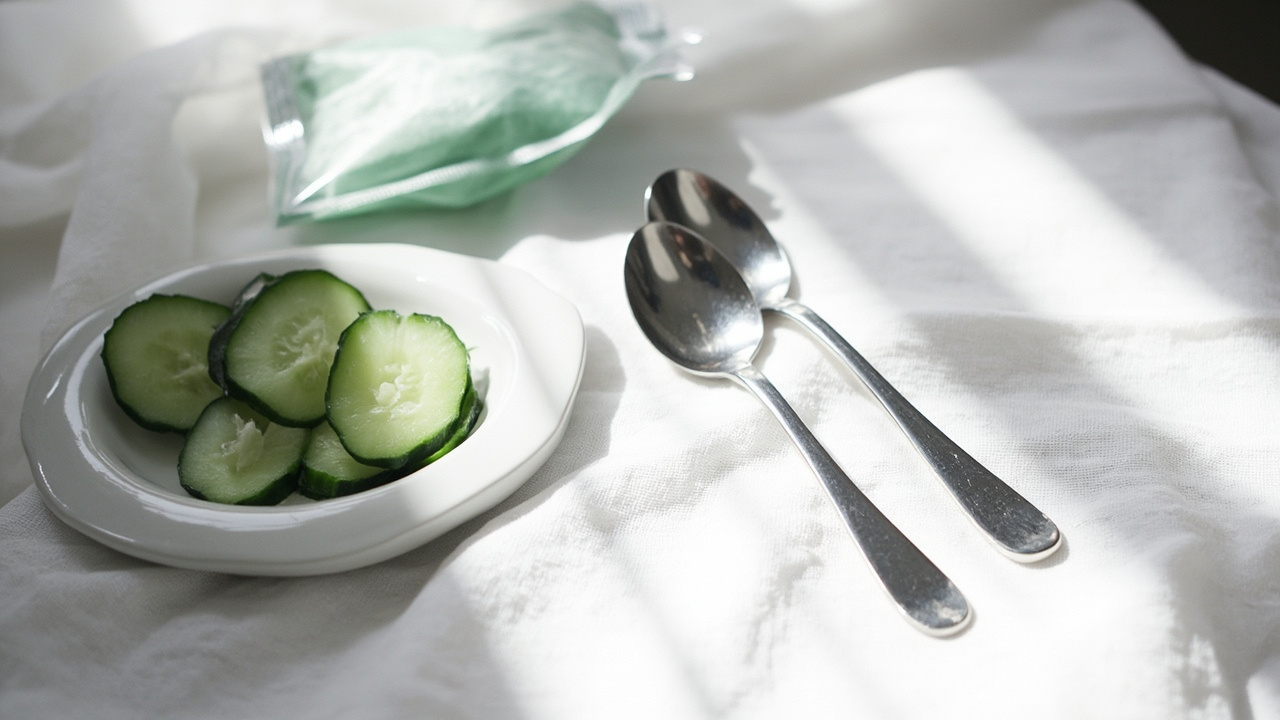 Cold metal spoons, cucumber slices, and green tea bags arranged on white linen with natural skincare cream jars