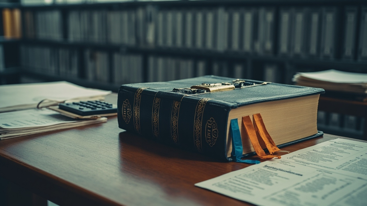 Closed leather tax law book on desk surrounded by financial documents and accounting supplies