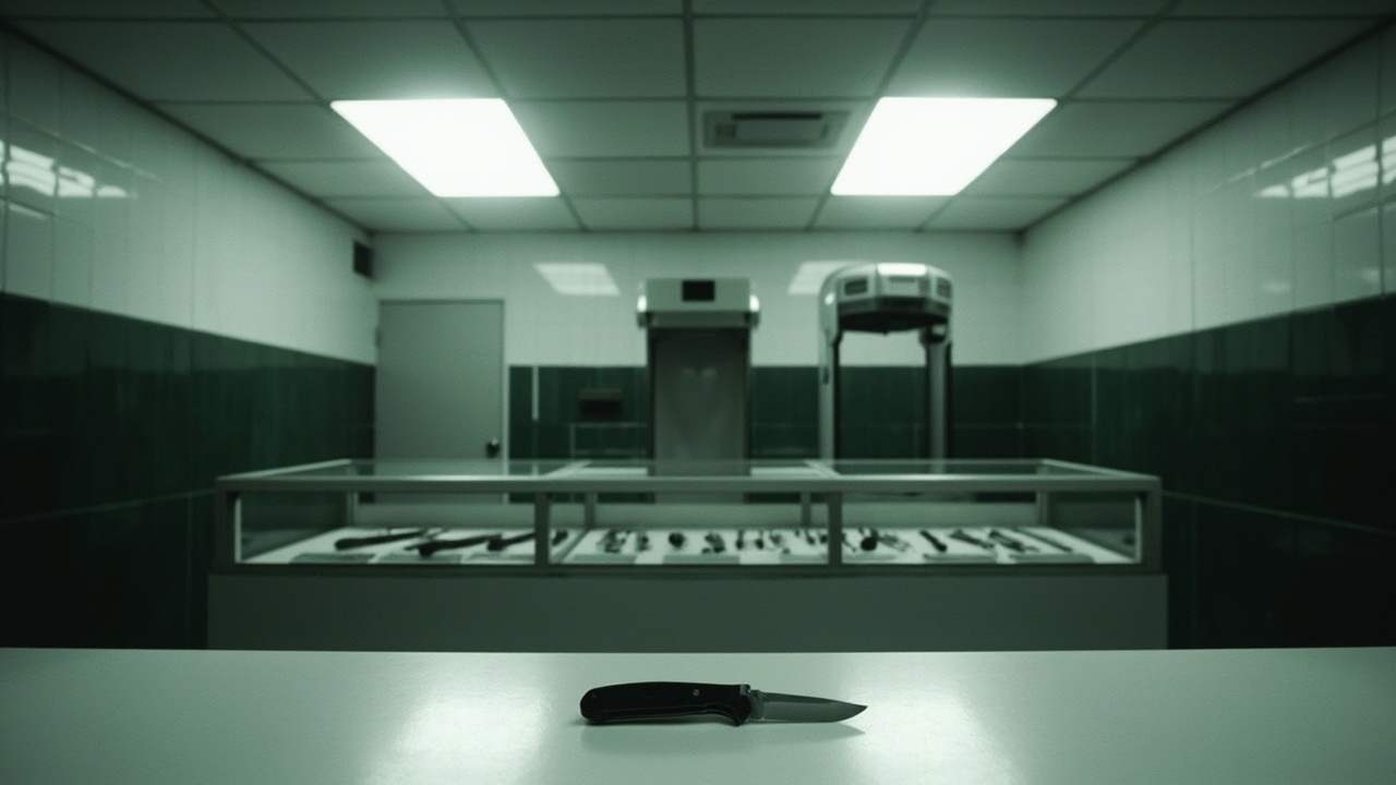 Empty knife display case in department store under harsh fluorescent lighting with cold steel and white surfaces