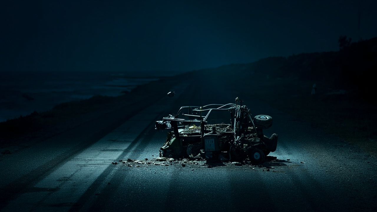 Damaged golf cart wreckage on dark asphalt with debris scattered across coastal road at night