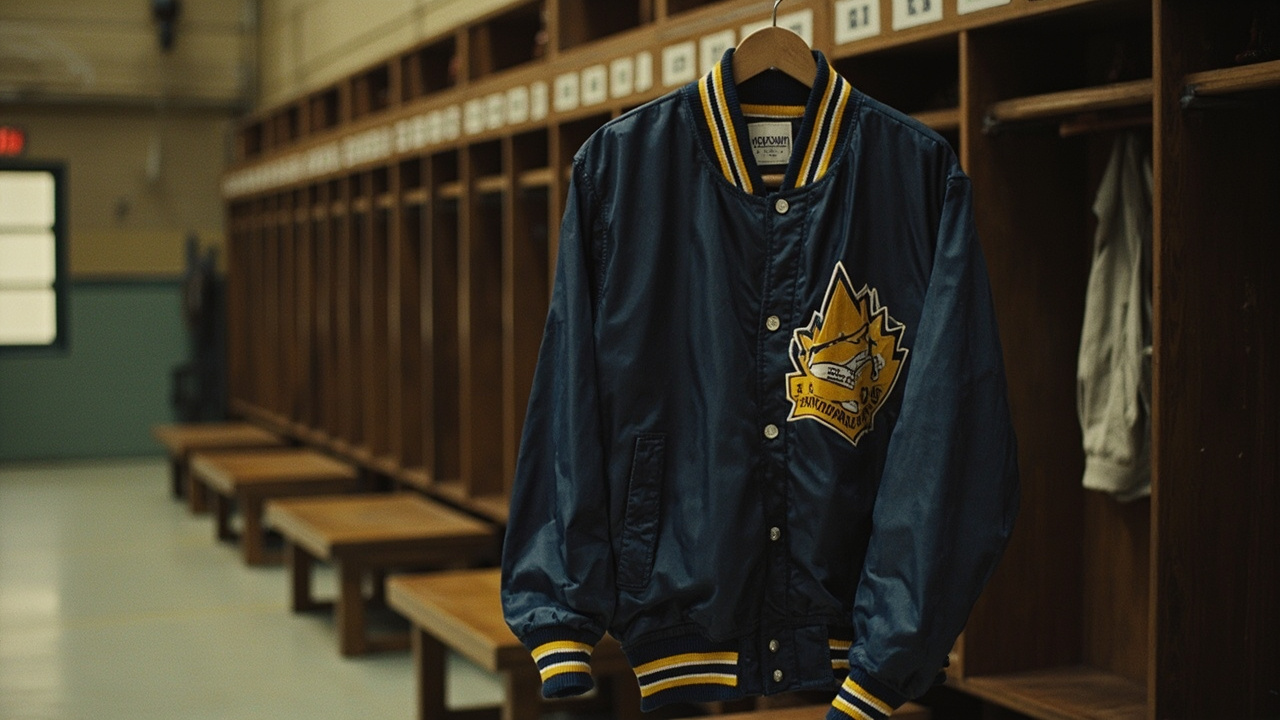Navy and yellow varsity jacket with embroidery displayed on hanger in empty basketball locker room with wooden benches