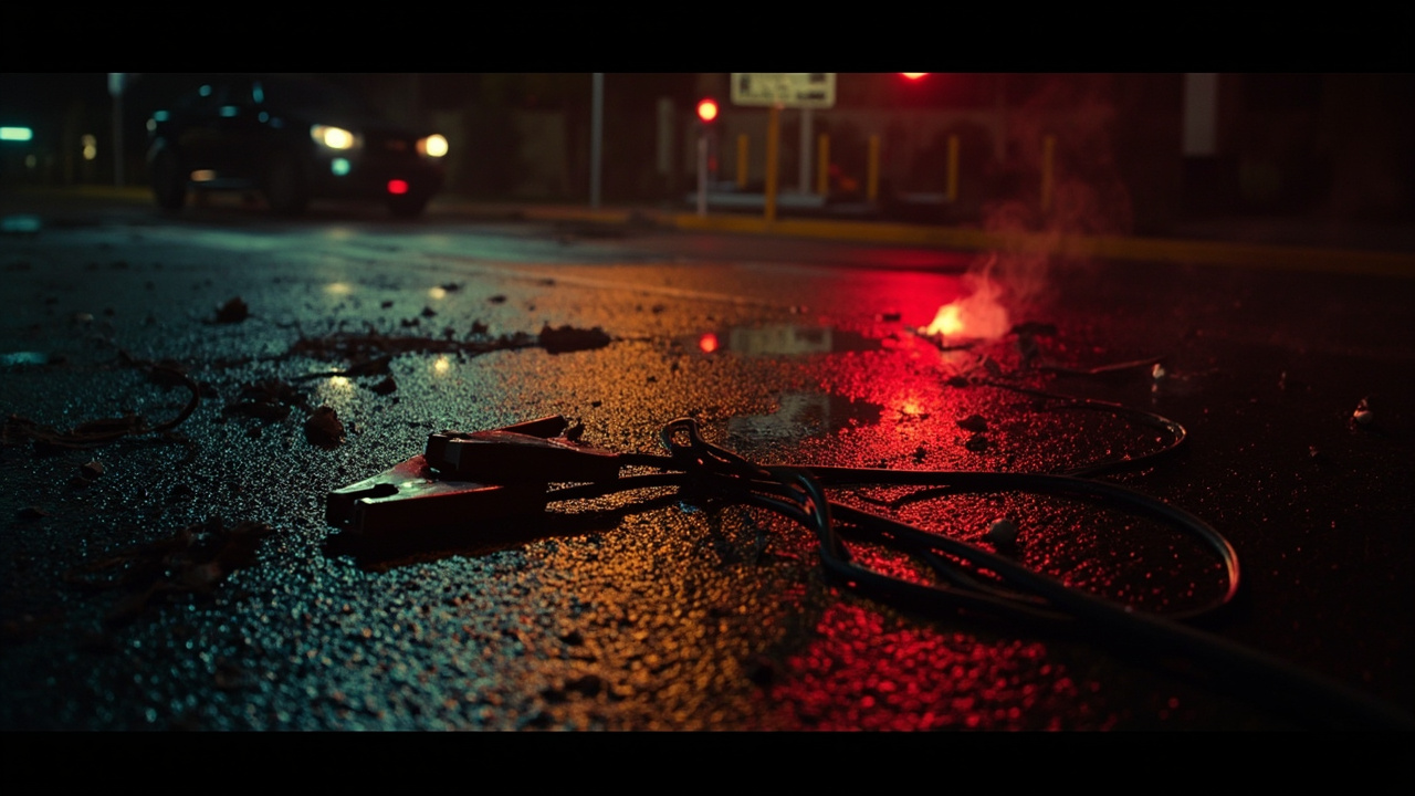 Jumper cables and emergency flares scattered on wet pavement at dark intersection under amber streetlight