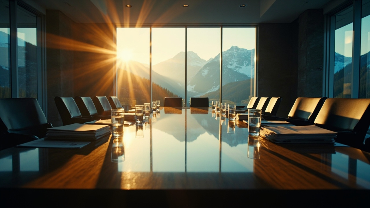 Empty conference table with documents and alpine panorama through windows in official government meeting space