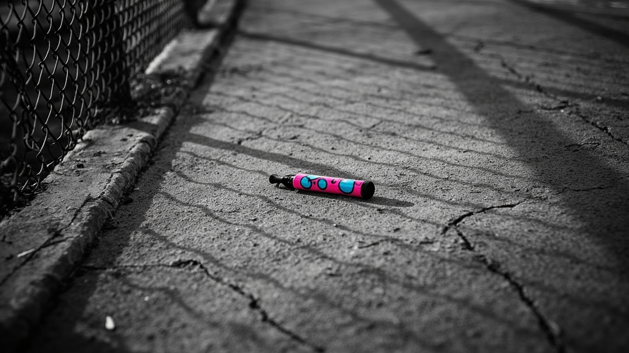 Colorful disposable vape pen lying on cracked school playground pavement beside chain-link fence shadow