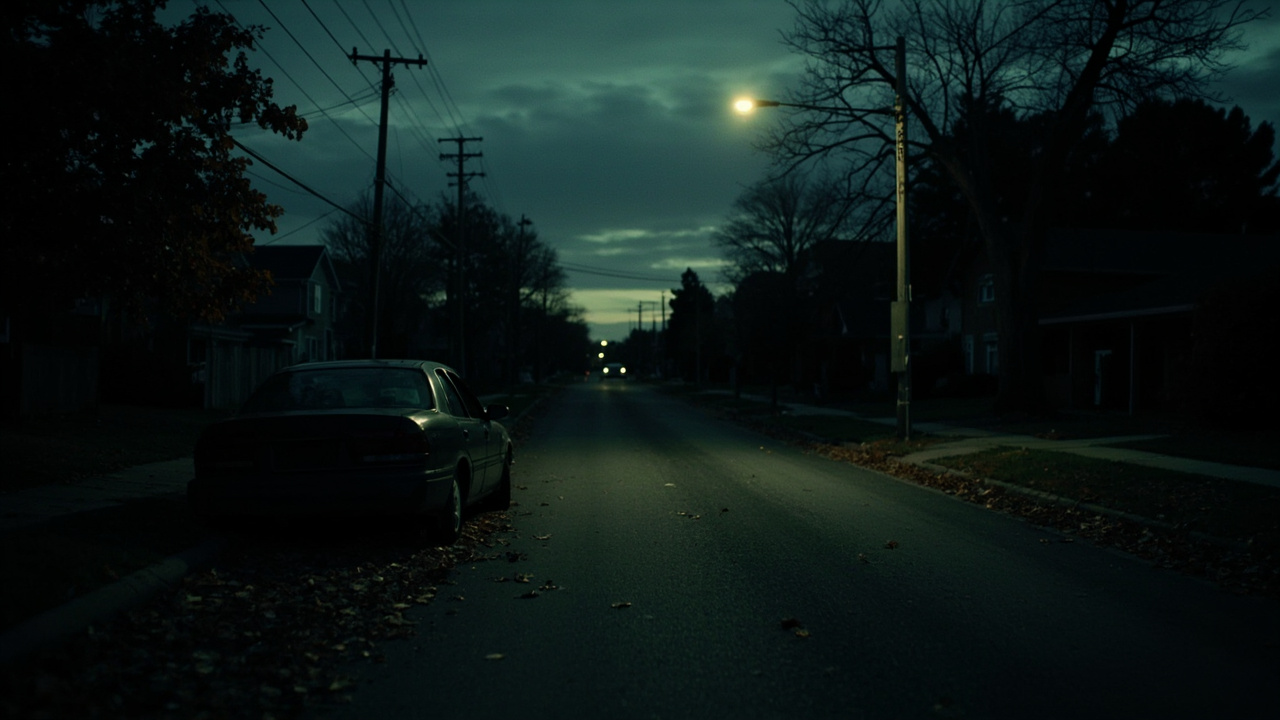 Empty police SUV with open door parked beside civilian sedan on quiet residential street at twilight