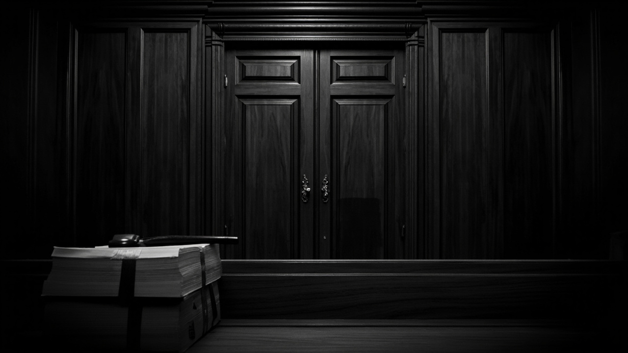 Empty wooden courtroom bench with gavel and closed legal folders under harsh overhead lighting in formal German court